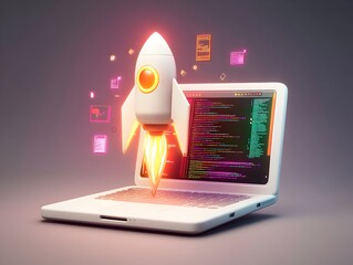 Poster - Dynamically Rendered Futuristic Startup Concept Featuring a White Laptop Glowing Rocket Icon Coding Terminal Interface and Vibrant Neon Color Accents Evoking Constructivist Art