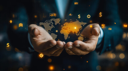 Poster - Businessman Presenting Virtual World Map With Currency Symbols for Global Trade and International Economy Concept