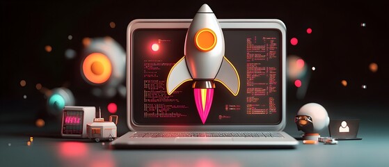 Poster - Innovative 3D modeled workspace showcasing a silver laptop striking rocket icon intricate software coding and vivid neon hues with a cinematic approach and a design