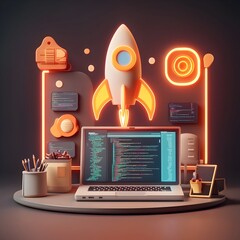 Poster - Retrofuturistic 3D visualized startup scene featuring a modern laptop bold rocket symbol immersive coding workspace