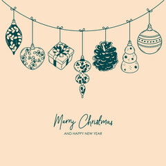 Wall Mural - merry christmas and happy new year retro banner template, greeting card. vector background with chri