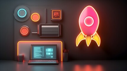 Poster - Visionary 3D Rendered Futuristic Startup Workspace with Luminous Neon Accents and Dynamic Technological Atmosphere  Sci Fi Concept with Sleek Laptop Rocket Icon and Software Development Tools