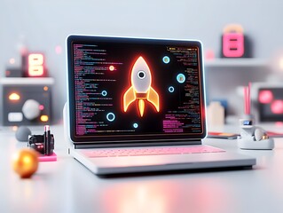 Poster - Cutting Edge 3D Visualization of Innovative Startup Proposal with Ultramodern Laptop Showcasing Stylized Rocket Emblem and Highly Organized