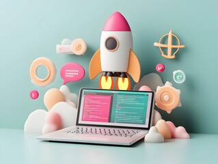 Poster - Cutting edge 3D visualization of an innovative startup idea featuring a modern laptop bold rocket branding a digital programming environment and a vibrant neon color palette