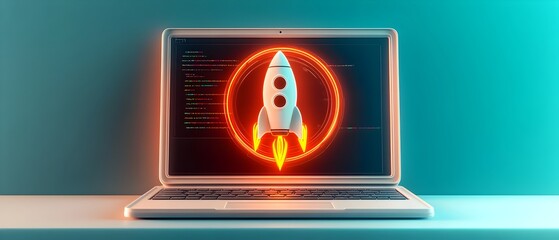 Poster - Sleek and productivity focused 3D rendered coding setup with a state of the art laptop display showcasing a bold rocket themed icon enveloped in a vibrant neon color palette for a modern