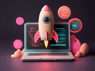 Poster - Captivating 3D visualization showcasing an innovative startup idea featuring a modern laptop bold rocket inspired branding a dynamic digital programming environment and a vibrant neon color palette