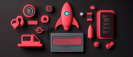 Poster - Innovative Startup s Cutting Edge Digital Workspace Showcased in Sleek 3D Render with Futuristic Laptop Bold Rocket Icon and Immersive Programming Setup Against Dazzling Neon Color Scheme