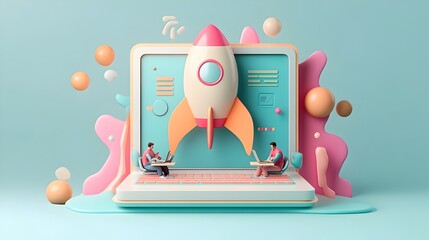 Poster - Vibrant 3D Rendered Startup Concept with Programmers Collaborating on a Digital Workflow in a Sleek Minimalist Neon Color Palette