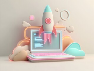 Conceptual 3D rendering of a startup s technological breakthrough featuring a laptop rocket icon that represents innovation and a dynamic programming process  The vivid neon tones and modern