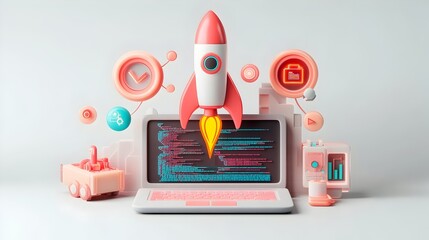 Poster - Pioneering 3D Rendered Startup Visualization Featuring a Sleek Laptop a Prominent Rocket Icon a Dynamic Coding Ecosystem and a Luminous Neon Color Palette
