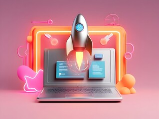 Poster - Cutting edge 3D startup concept featuring a metallic silver laptop dynamic rocket ship graphic abstract software development process illustrated with holographic elements