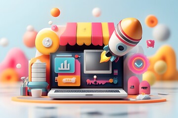 Poster - Cutting edge startup visualization showcasing a modern laptop a bold rocket design and a vibrant neon tinged technological environment