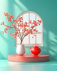 Poster - Elegant and modern 3D studio environment featuring a minimalist gradient blue and green background a centered product podium a shadow overlay illuminating the countertop dramatically and a mockup