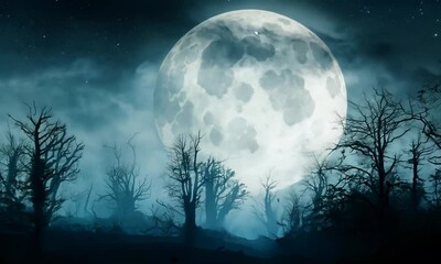 large moon is in the sky above a forest. the moon is surrounded by a dark sky and the trees are silh
