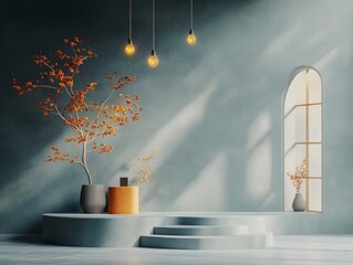 Poster - Sleek and minimalist 3D studio setup featuring a somber dark ambiance bare floor and walls a product display podium and a strong window shadow cast on the surface