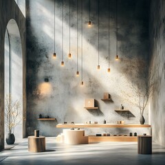 Poster - Minimalist 3D studio space with rough concrete walls and floors empty interior with product display stand warm directional light from window casting subtle shadows
