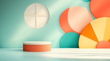 Poster - This image depicts a sleek and modern 3D studio room with a geometric pattern backdrop an empty floor and wall featuring a product podium