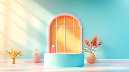 Poster - Minimalist 3D studio room with a gradient green and blue background an empty floor and wall a product podium in the center a shadow overlay from a window casting dramatic sunlight onto the countertop