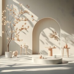 Poster - Sleek and modern 3D studio space featuring a plain beige background vacant floor and walls and a product showcase platform  Directional window lighting creates subtle shadows