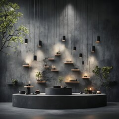 Poster - Sleek and modern industrial 3D studio setting with a central display pedestal monochrome backdrop and dramatic chiaroscuro lighting effects to create a high impact product visualization scene