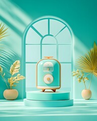 Poster - Sleek and modern 3D studio interior featuring a vibrant blue solid background plain floor and walls and a central product display with dynamic shadow overlay from the window illumination
