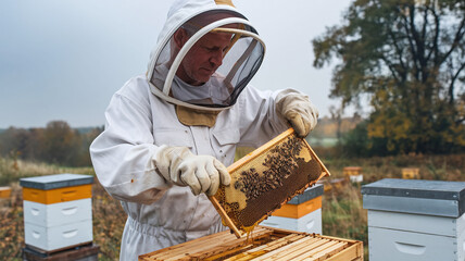 male beekeeper in protective bee suit against grey autumn sky working with hive frame during honey harvesting at apiary farm, copy space