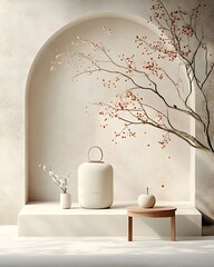 Poster - Bright and airy 3D studio space featuring a solid color background with a simple product display stand  The directional lighting from the window creates dramatic shadows