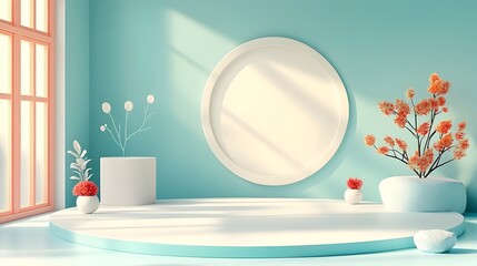 Poster - Elegant 3D studio room with a textured white backdrop empty floor and walls product podium in soft lighting shadow overlay from window and a gentle spotlight   a minimalist mockup for presentations