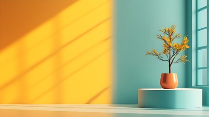 Poster - Futuristic 3D studio room with sleek metallic gold background minimalist empty floor and wall product display podium dramatic shadow overlay from window to countertop