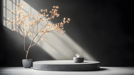 Poster - Minimalist 3D studio room with a moody dark background an empty floor and wall a product podium and a dramatic window shadow overlay on the countertop