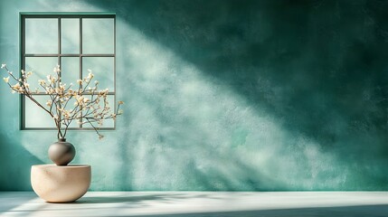 Poster - Minimalist 3D studio room featuring a clean modern design with a black and white background empty floor and wall a product podium and a shadow overlay from the window onto the countertop