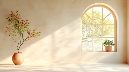 Poster - Cozy and minimalist 3D studio room with textured brown and white background empty floor and wall product podium shadow overlay from arched window to countertop