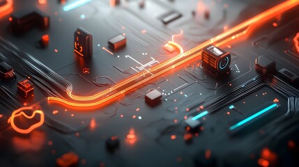 Fototapete - Surreal and abstract digital visualization of the flows linkages and interconnectivity within a futuristic smart city mobility grid  Glowing neon tubing weaves through a cyberpunk inspired cityscape