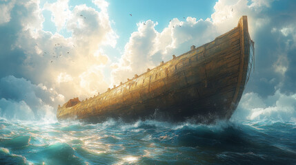 An Illustration of noahs ark, a large wooden boat sailing in violent flood waters.