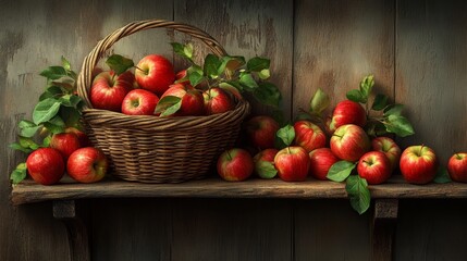 Canvas Print - Apples on a shelf, in a basket.