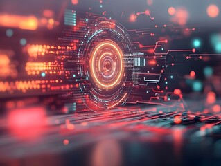 Poster - Immersive surreal digital world with interlacing tech symbols and cascading code featuring a HUD like interface iridescent data fields and pulsating energy sources in a retrofuturistic design