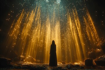 sefirah hod glory depicted as a radiant figure standing in the cosmos surrounded by beams of light t