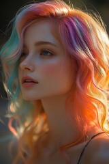 Wall Mural - A young woman with colorful hair looks off to the side, bathed in warm light.