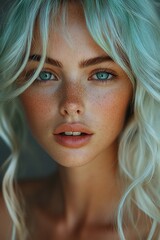 Poster - Close up portrait of a young woman with blue eyes and light blue hair.