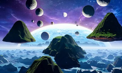 Wall Mural - planet with floating islands and a sky full of moons. video