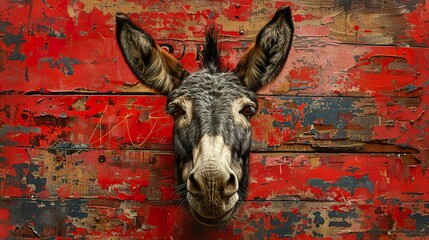 Sticker - Donkey Portrait on Red Weathered Wood