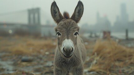 Poster - Cute Donkey Portrait with City Bridge in Background