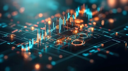 Poster - Captivating macro close up view of an intricate market trading data visualization displayed in shimmering blue hues showcasing elegant candlestick graphs line charts
