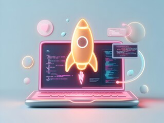 Poster - Conceptual 3D rendering showcasing a startup s innovative technological breakthrough  A dynamic laptop rocket icon represents the programming process conveyed through vivid neon tones and a modern