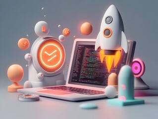 Poster - 3D scene depicting the core elements of a cutting edge startup including a modern laptop stylized rocket icon complex coding interface and electrifying neon palette