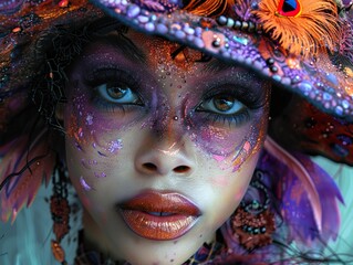 Sticker - Intriguing Fantasy Portrait with Colorful Makeup and Feathers