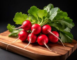 A bunch of red radishes with fresh, fresh green leaves placed on a cutting board on a black background