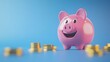 © KHF - Smiling pink piggy bank and gold coins on a blue background, representing investment success and the savings concept