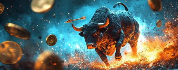 Poster - Dynamic artistic wallpaper depicting a powerful bull surrounded by flying coins and fiery energy symbolizing strength and wealth