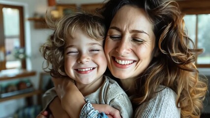 a joyful mother and child share a warm embrace in a cozy home during a sunny afternoon
